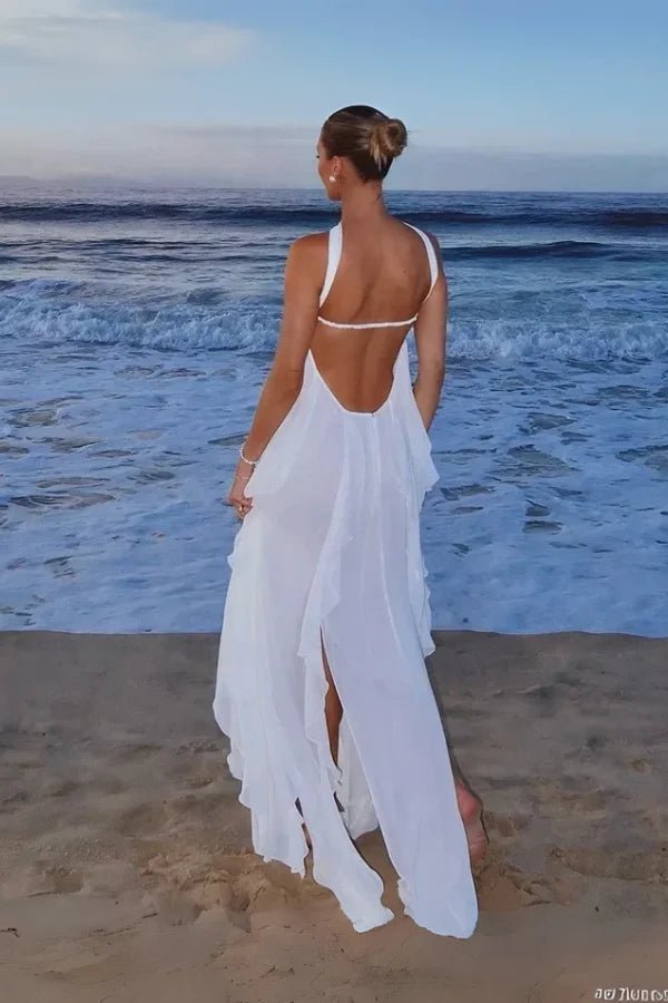 "ethereal," "goddess dress," "flowy," "resort wear," "Santorini style," "beach formal," and "honeymoon outfit