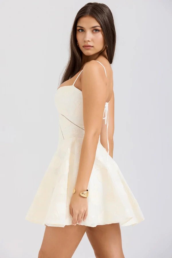 Weave in terms like 'sculpted bodice,' 'fit and flare silhouette,' 'occasion wear,' and 'statement piece' throughout the description and on-page content