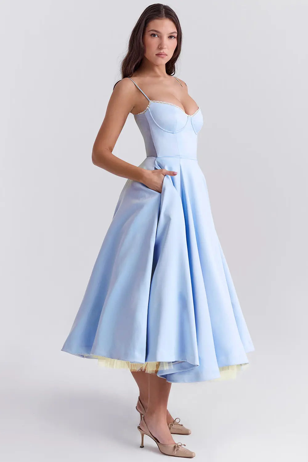 fit-and-flare silhouette', 'cinched waist', '1950s inspired gown', 'structured bodice', and 'sweetheart neckline