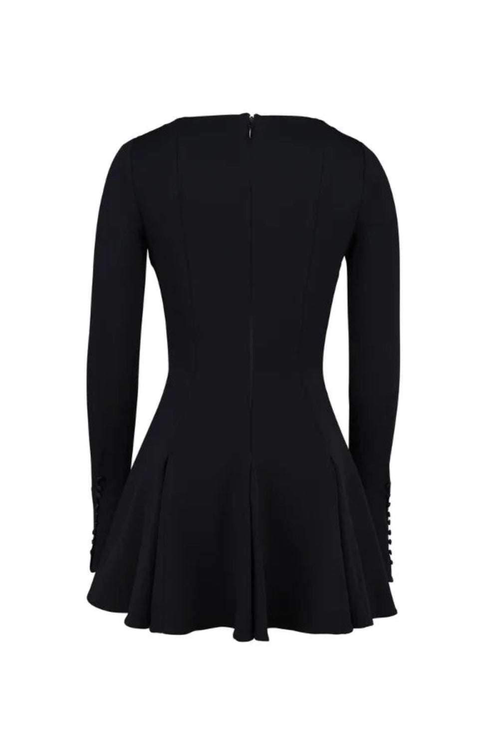 Model from behind wearing the Kouvr Fashion black long sleeve mini dress, showing the button details on the split cuffs