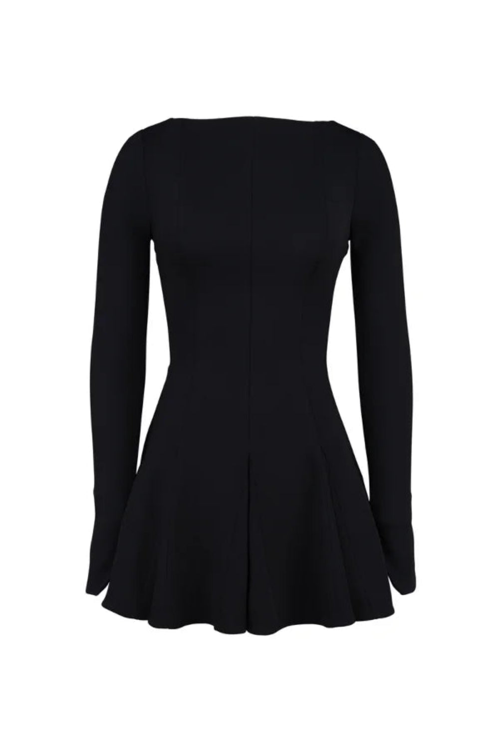 Model from behind wearing the Kouvr Fashion black long sleeve mini dress, showing the button details on the split cuffs