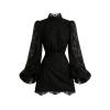 Front view product shot of a black floral lace mini dress with dramatic bishop sleeves and a high scalloped collar laid flat on a white background.