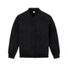 Front product shot of the Kouvr black micro-suede bomber jacket with zip-up front and side pockets. 