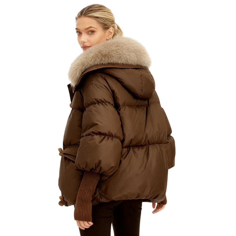 Brown kouvr puffer jacket with fur hood on a white background