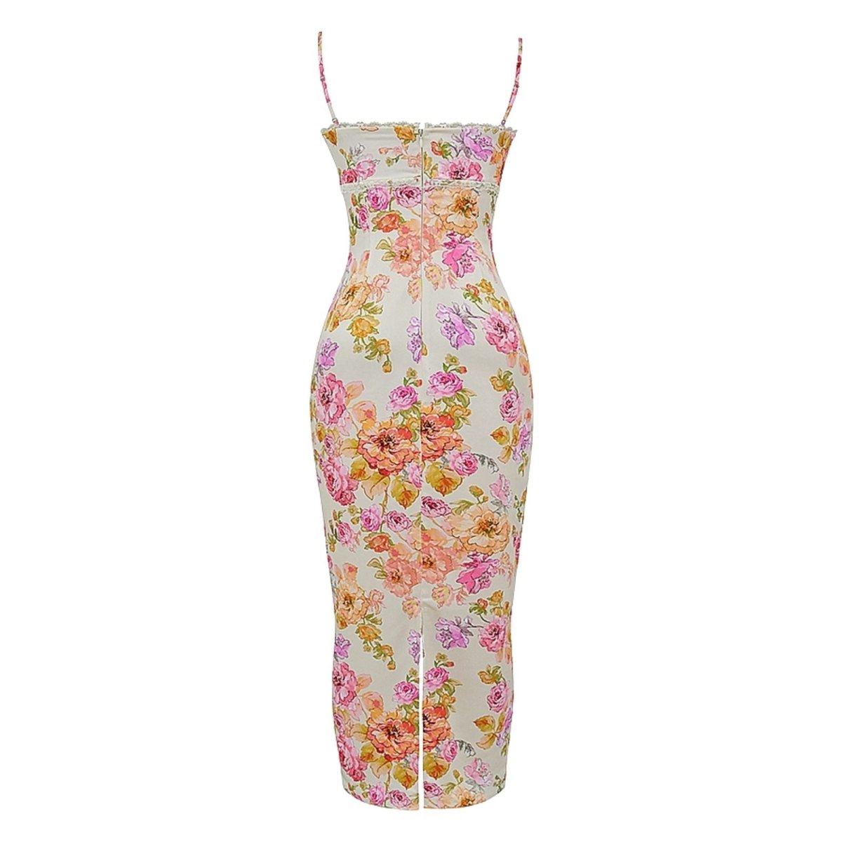 Close-up detail of the ruched sweetheart bustier on the Kouvr Calypso floral dress.