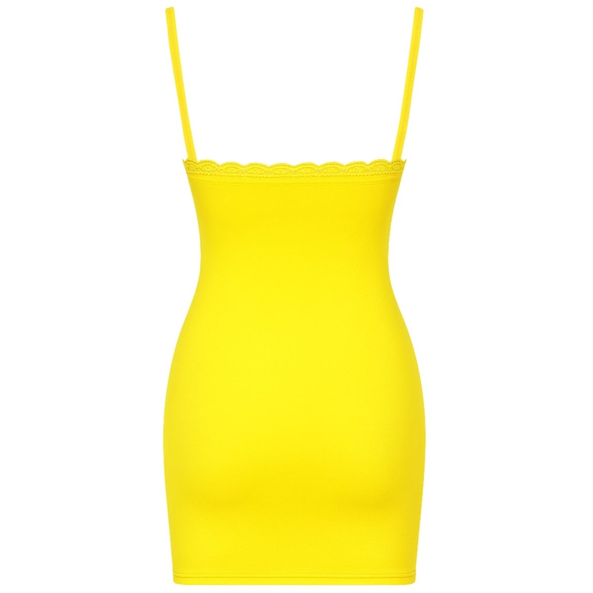 Woman wearing a yellow strapless gown with a high slit on a white background