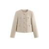 Flat lay front view of the Kouvr beige boucle tweed jacket, detailing the four pockets, gold buttons, and fringe trim.