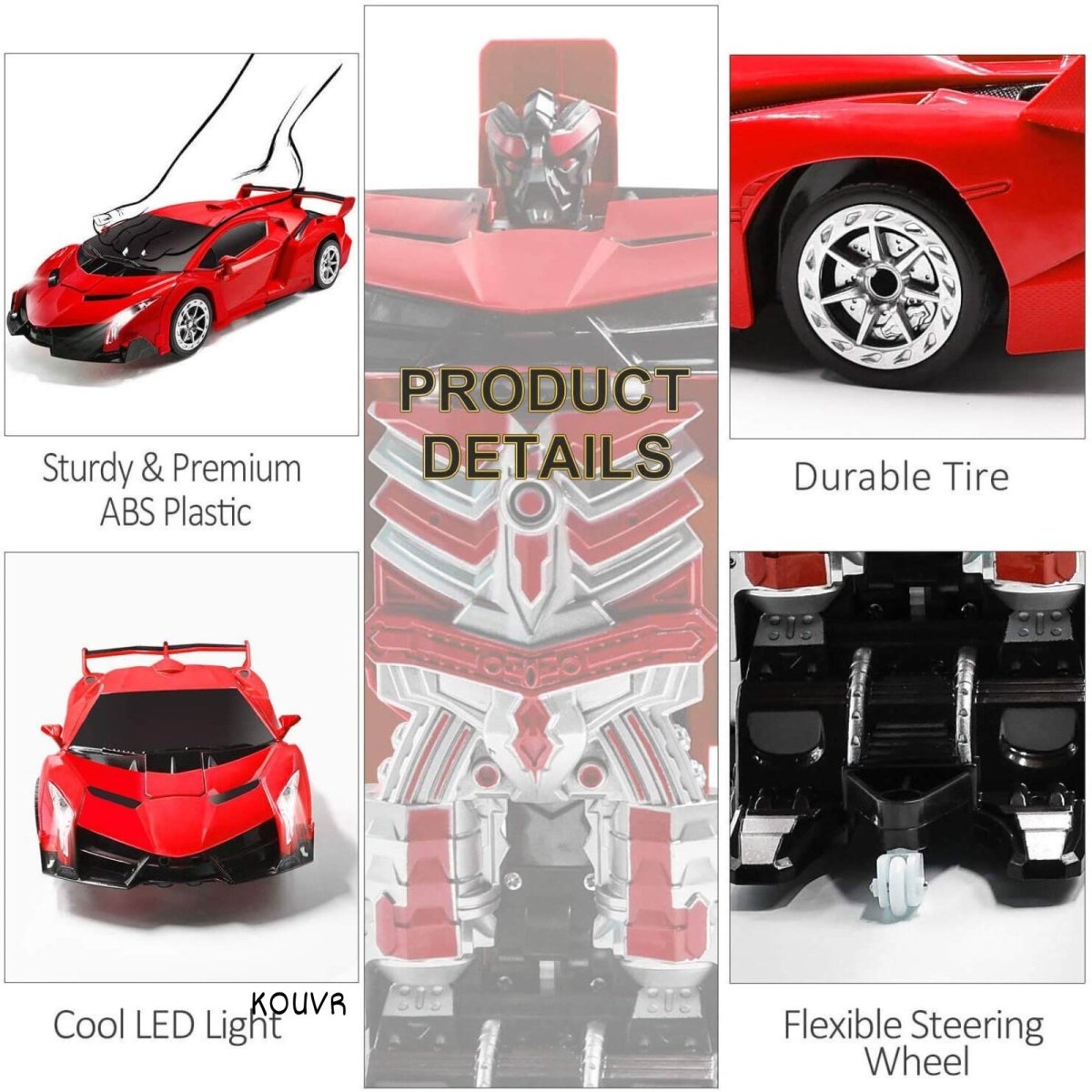 Red toy car with features highlighted on a white background