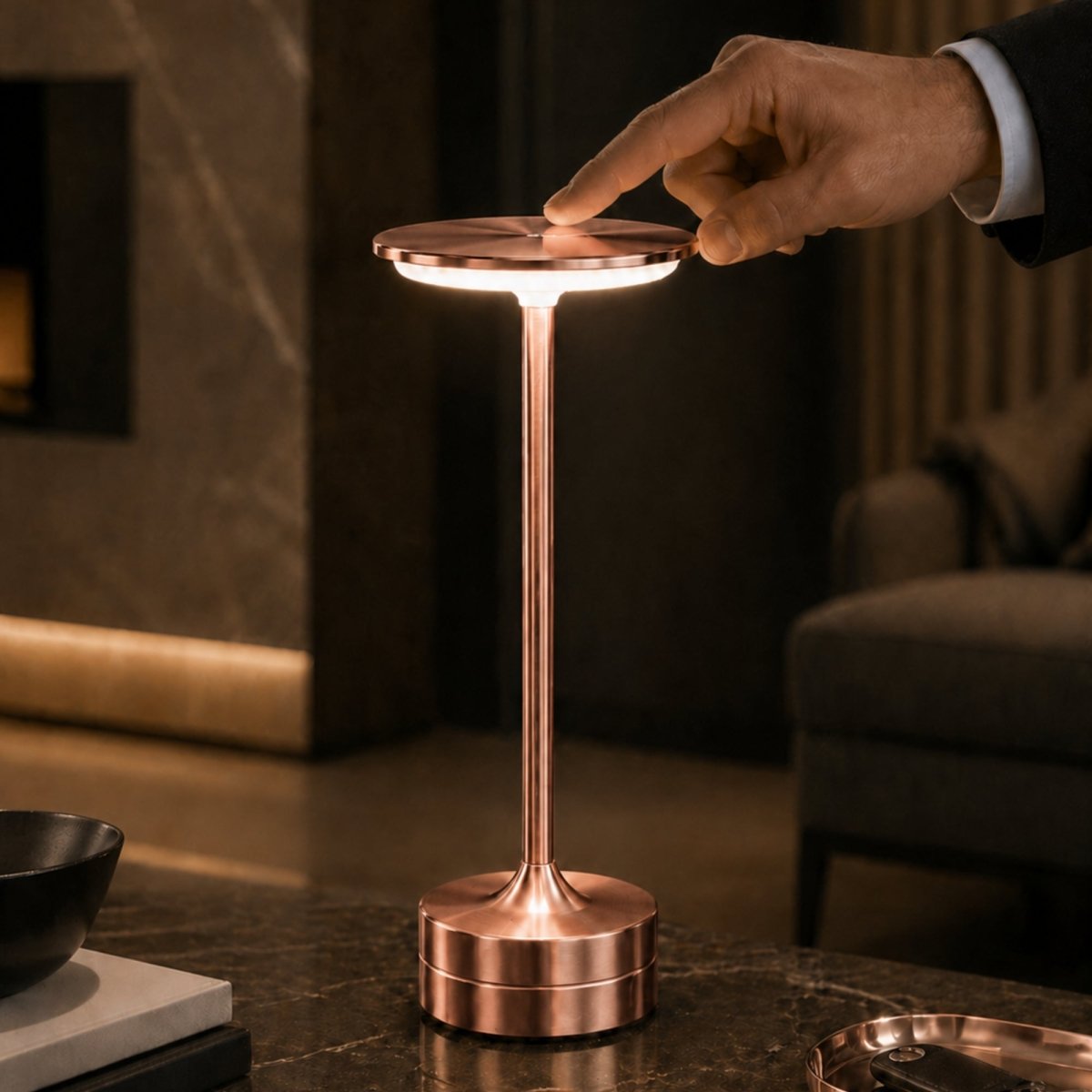 Kouvr luxury cordless metal table lamps illuminating a table in rose gold