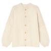 Flatlay of the Kouvr button-front chunky knit cardigan in cream, highlighting the natural horn buttons and knit texture.