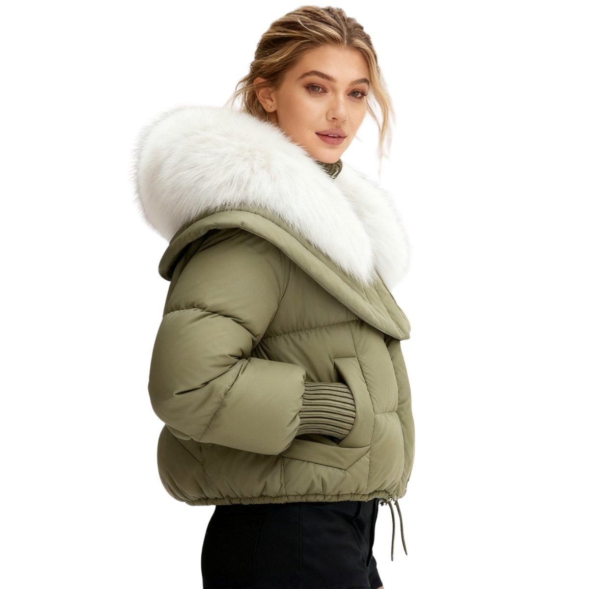 Woman Kouvr wearing a green puffer jacket with a white fur hood on a white background