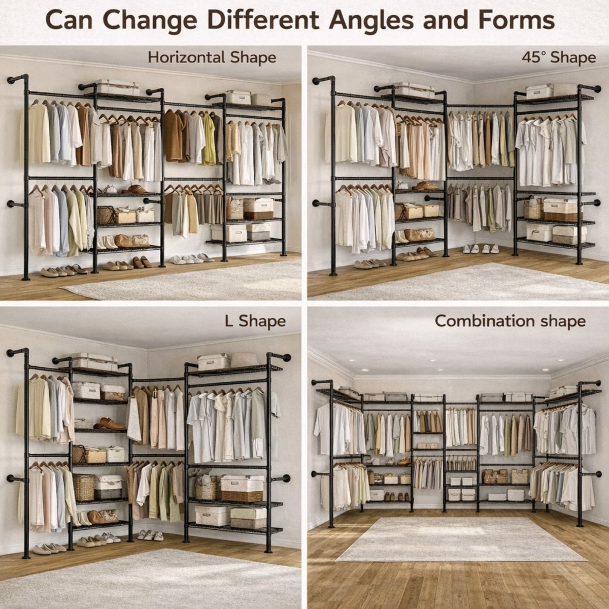 Three different assembly configurations for industrial pipe racks: Horizontal shape for flat walls, 45-degree shape, and L-shape for corner closet storage.
 