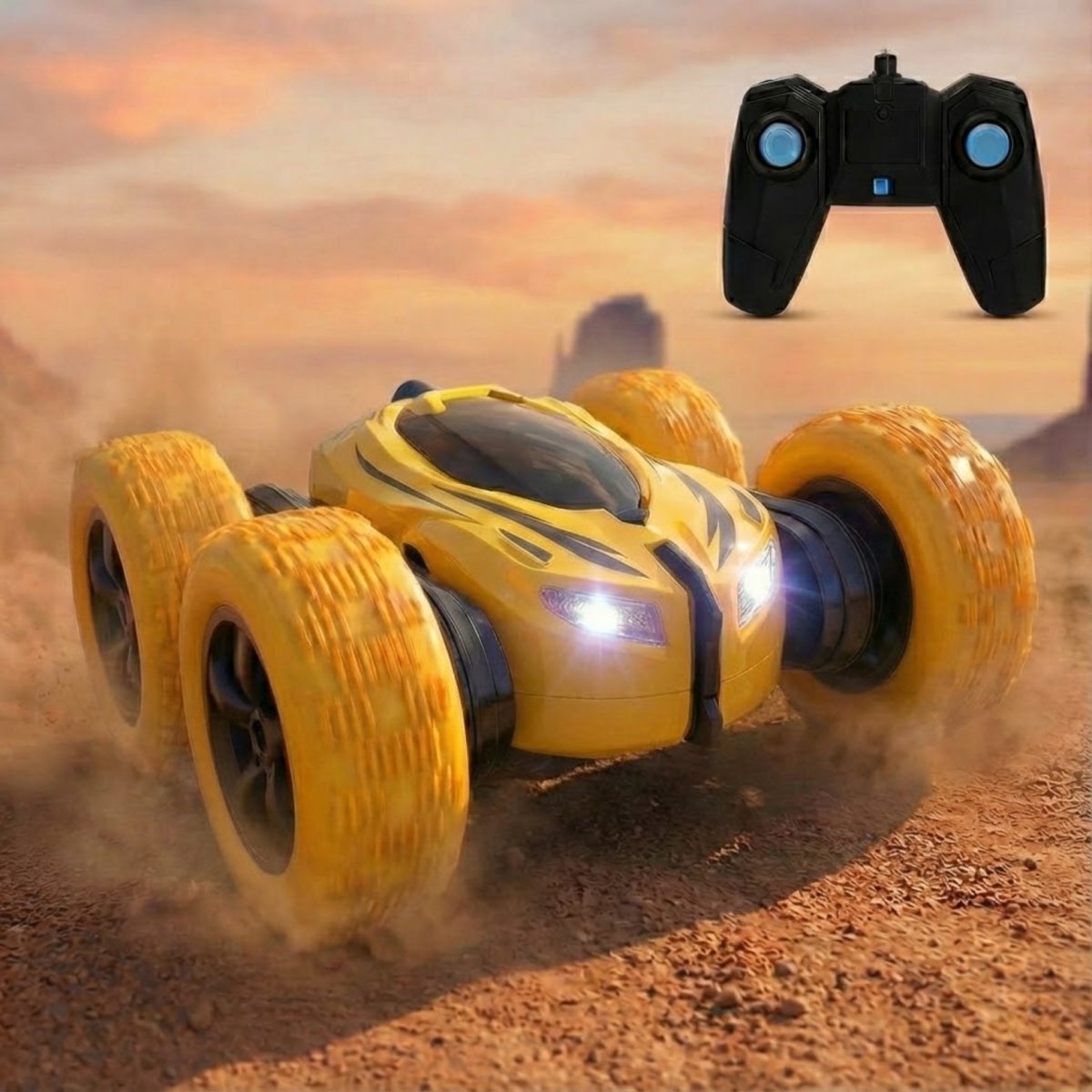 A vibrant yellow Kouvr Cyclone RC stunt car driving fast through a rocky, off-road environment.
