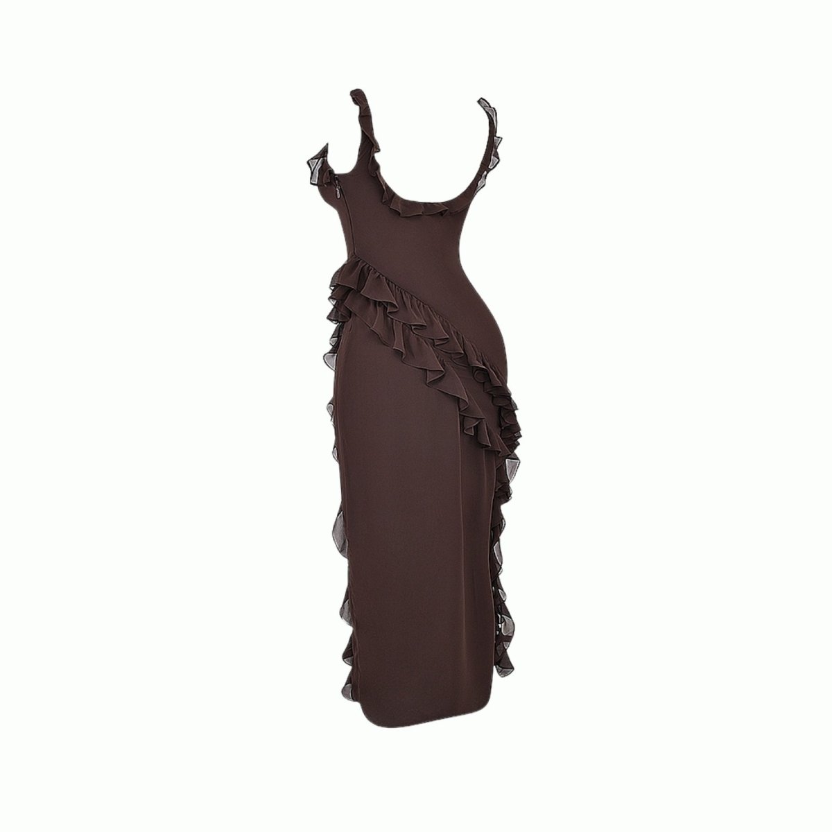 Brown Kouvr dress with ruffled details on a white background