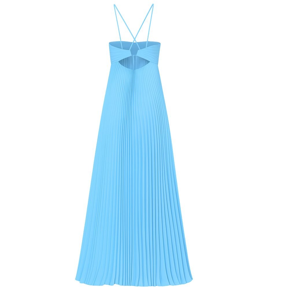 Model wearing Kouvr Fashion Daphne Gown in a blue silk with a cowl neck