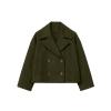 Product-only studio shot of the Kouvr double-breasted cropped wool peacoat in dark green , showing the button details and texture.