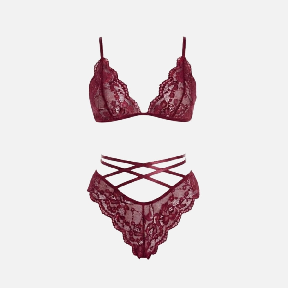 Flat lay of the Kouvr Desiree two-piece lingerie set in burgundy, showing the sheer floral lace triangle bra and high-waist strappy panty.
