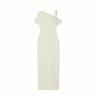 Naturally include related terms like `sculptural silhouette`, `figure-hugging`, `single sleeve gown`, `elegant formalwear`, and `resort evening dress