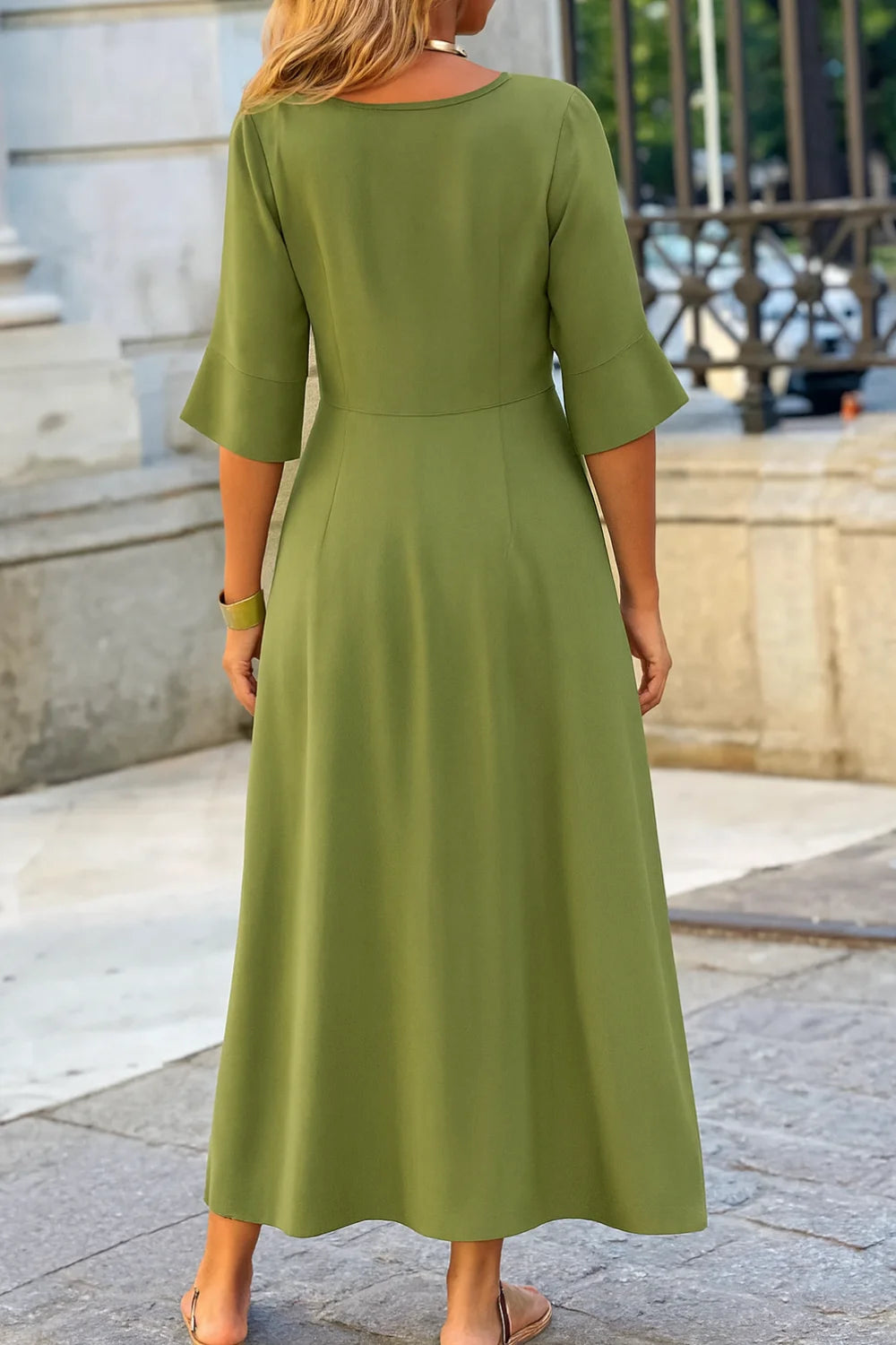 A-line silhouette', 'tie-neck gown', 'bohemian chic dress', 'vacation wear', 'comfortable elegant dress', and 'lightweight travel dress