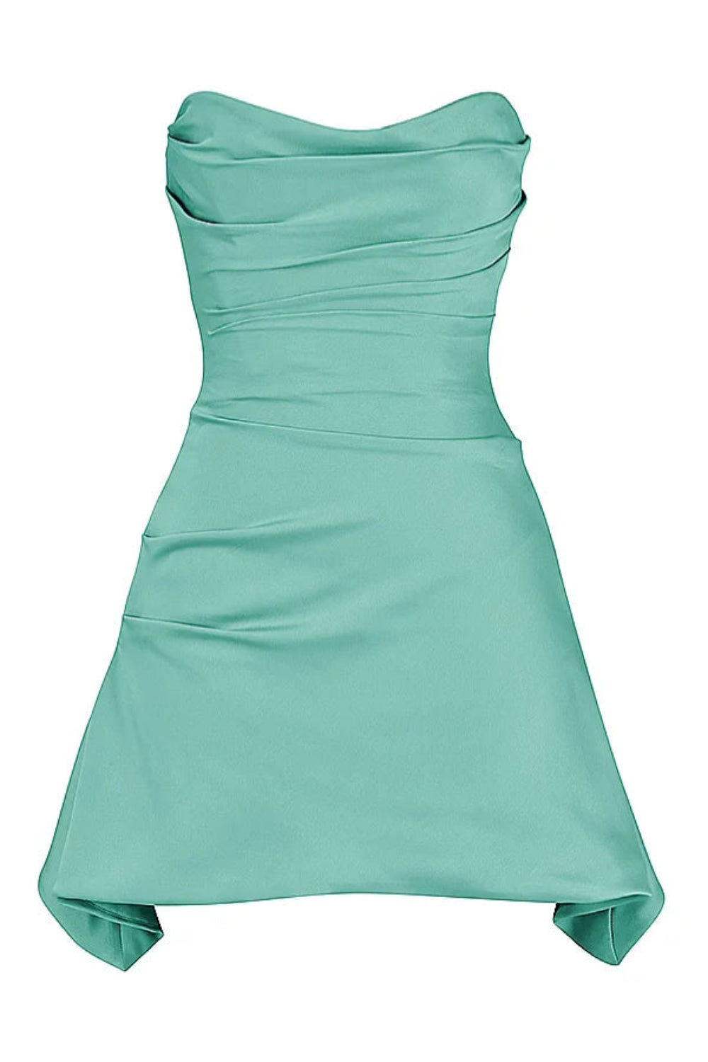 sculpted silhouette," "draped bodice," "sweetheart neckline," "fit and flare," "asymmetrical hem," "lustrous finish