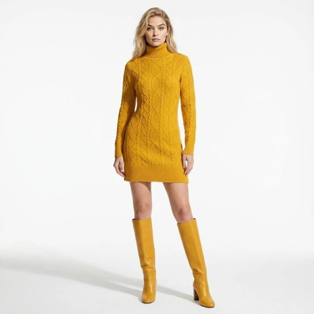 Model stands facing forward wearing a erza yellow cable-knit turtleneck sweater dress by Kouvr, paired with matching knee-high boots, on a white background.