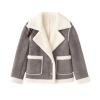 Product shot of the Kouvr Fashion pink esmeralda moto jacket, laid flat to show the plush white sherpa lining and lapels.