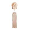 ensemble," "backless evening top," "draped neckline," "lustrous," "silk-like," "gala outfit," "wedding guest dress alternative," and "vacation formalwear