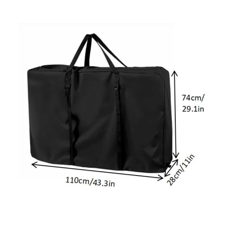 Exact sizing measurements of the Kouvr extra large black duffel bag displayed as 43.3 inches long by 29.1 inches high by 11 inches wide.