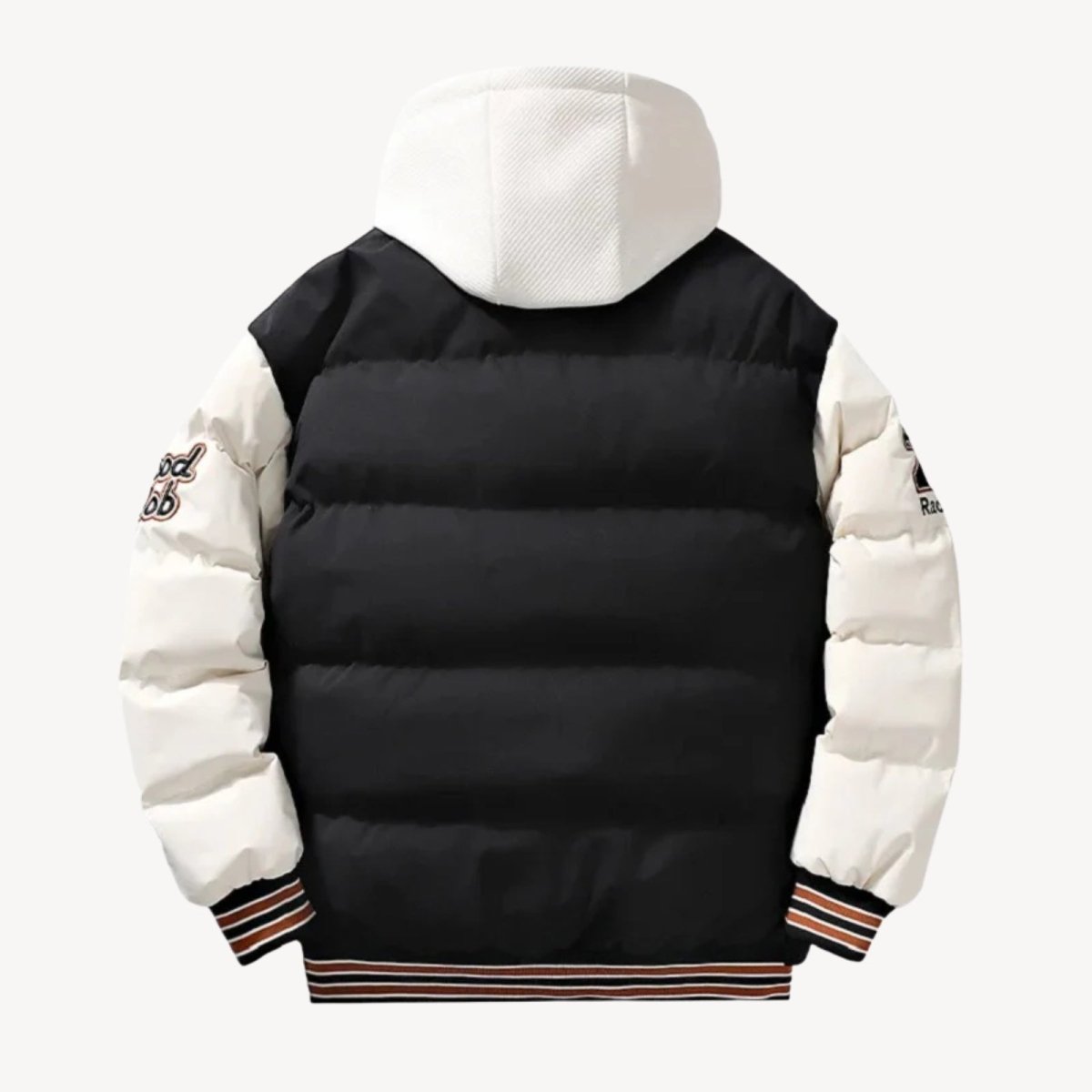 Product shot of the back of the Kouvr Fashion 'Angelo' hooded varsity puffer jacket, displaying the quilted puffer design and sleeve patches.