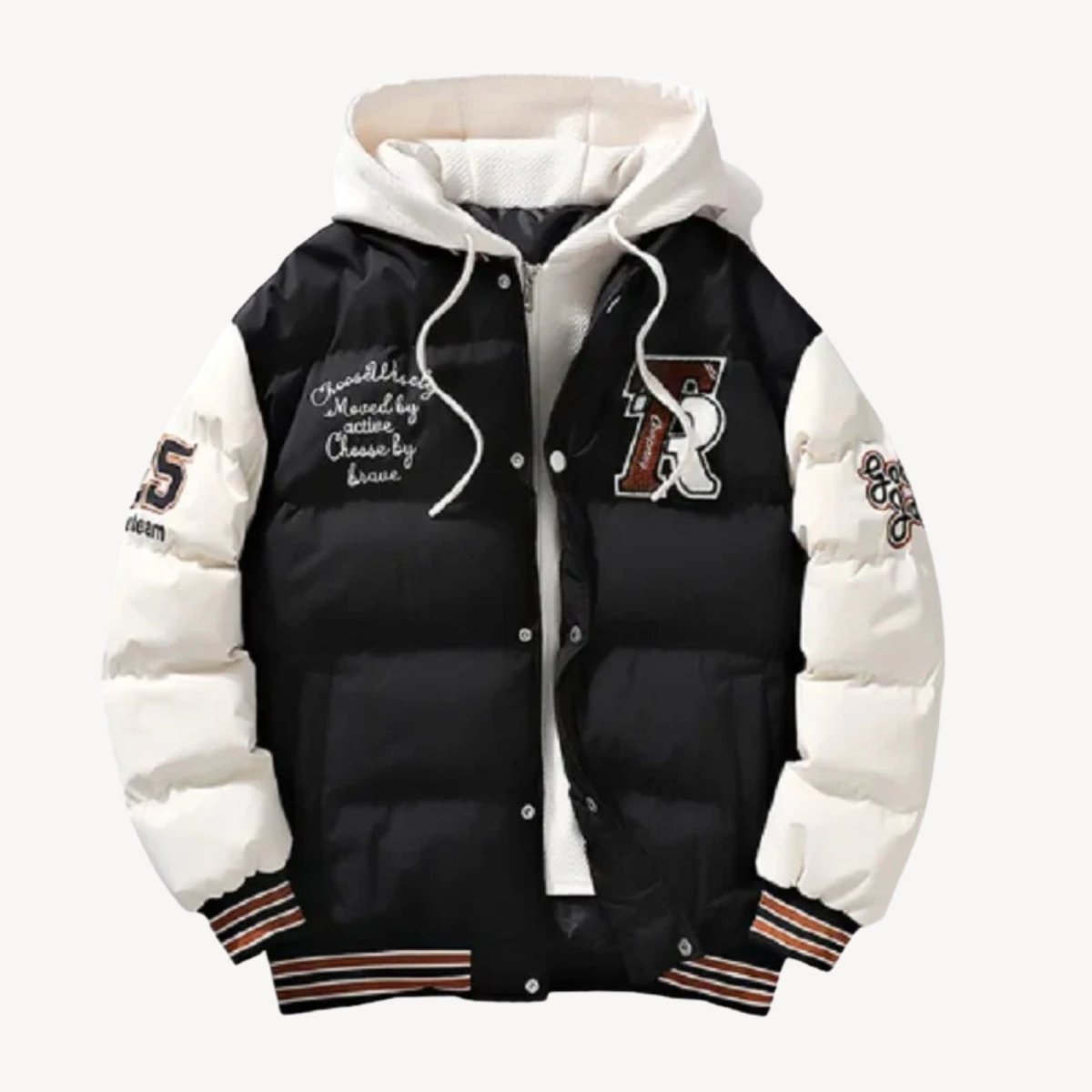 Product shot of the Kouvr Fashion 'Angelo' hooded varsity puffer jacket showing all embroidery and front details on a white background.