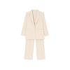 Flat lay of the Kouvr Fashion apricot two-piece suit set, showing the single-breasted blazer and matching straight-leg trousers on a white background.