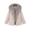 Front flat lay of a blush apricot quilted jacket with an oversized grey fox fur collar, showing front pockets and texture.