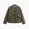 Flat lay of the Kouvr Fashion collarless quilted jacket in army green, showing the button-front closure and leopard print collar lining.
