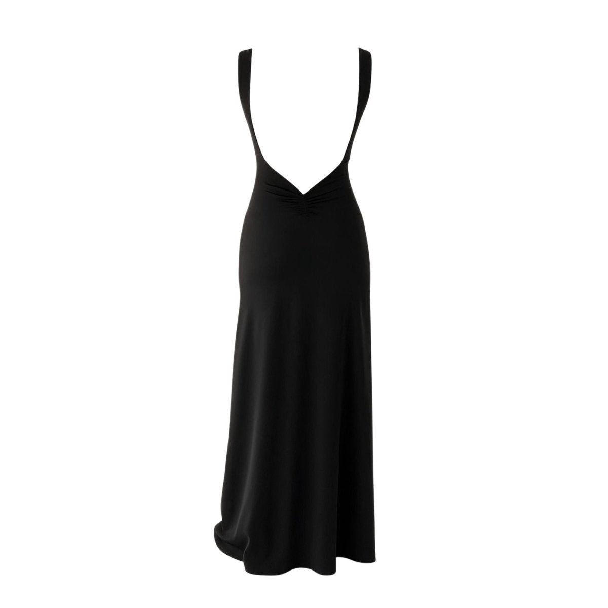 Flatlay of the back of the Kouvr Fashion Auralie Gown in black, detailing the deep open back and strap design.