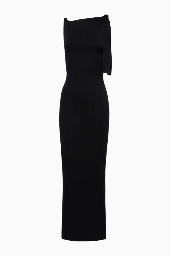 column silhouette," "draped shoulder," "floor-skimming hem," "minimalist aesthetic," "understated elegance