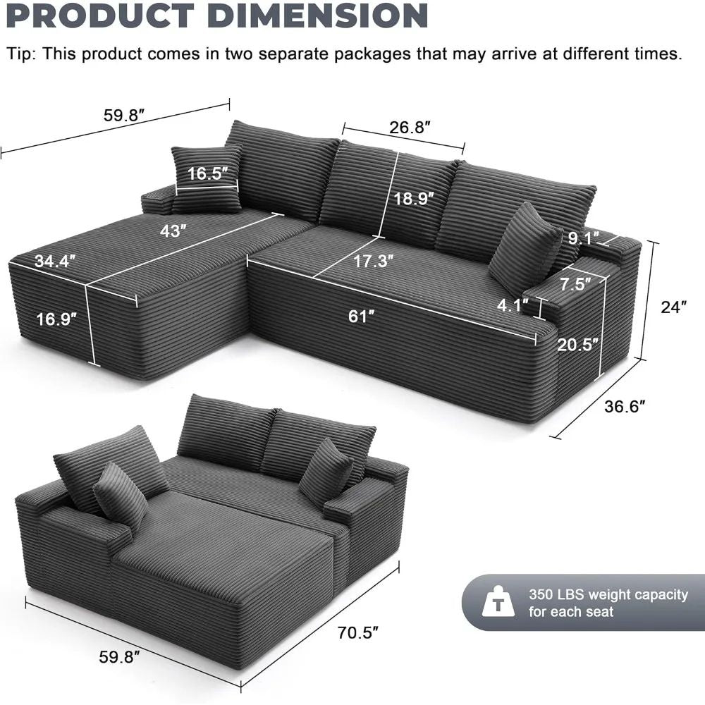 Kouvr modular deep seat sofa in black and dark grey corduroy shown in an L-shape with a beige throw blanket