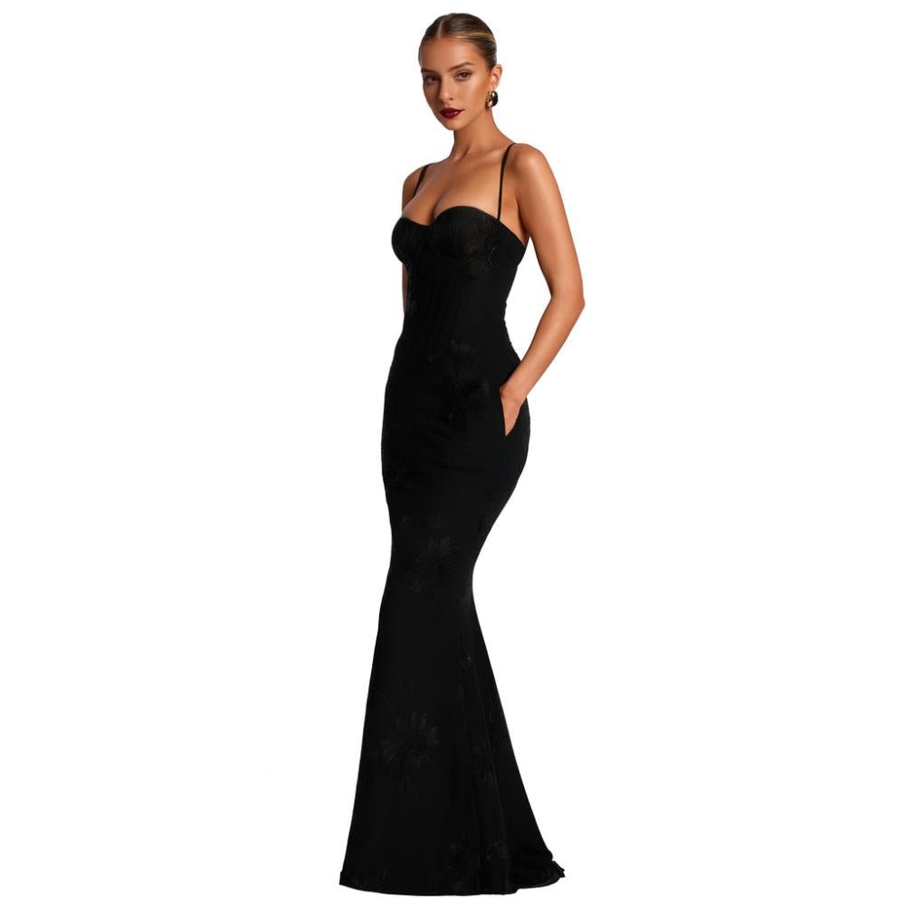 Model wearing the Kouvr Fashion Black Corset Gown with 3D Floral Embroidery