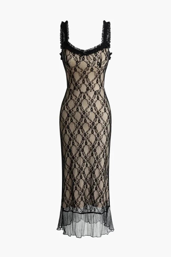 Model wearing the Kouvr Fashion Black Lace Midi Dress at an evening event