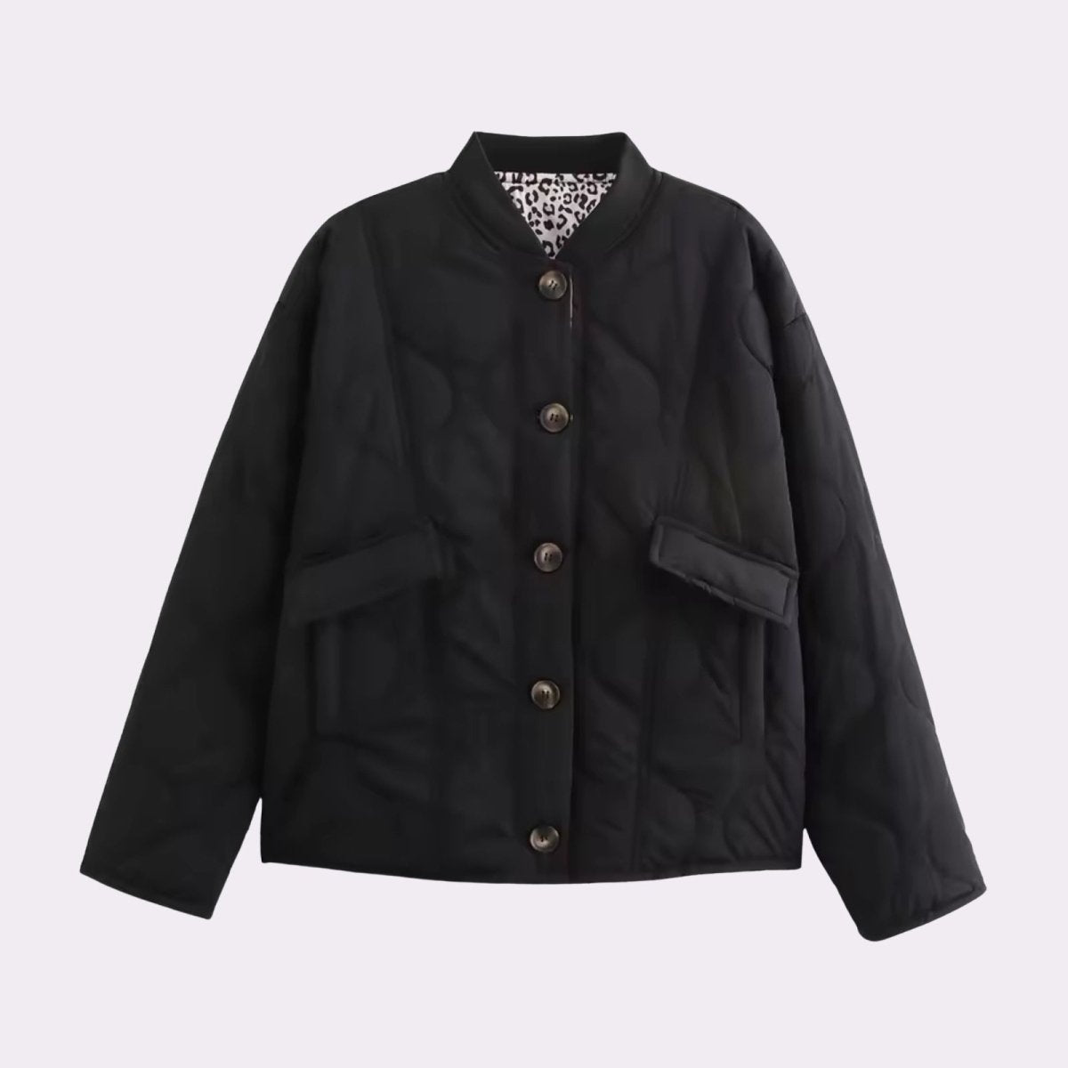 Flat lay of the Kouvr Fashion black quilted jacket, open to show the interior leopard print lining and horn-effect buttons.

