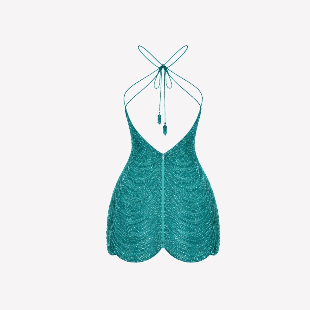 Flat lay back view of the Kouvr Fashion Carey dress, detailing the open back construction, halter tie, and concealed zipper.