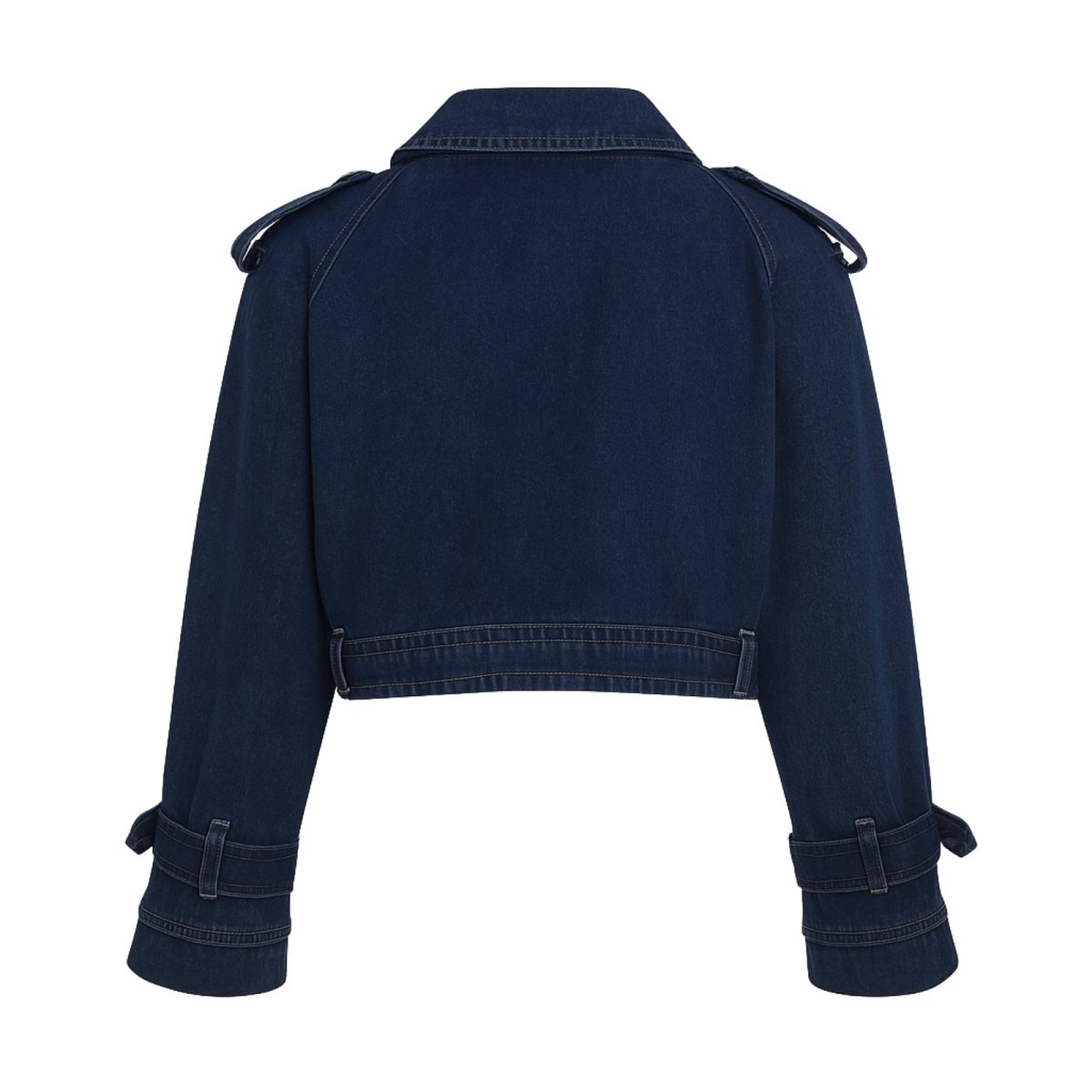 Kouvr Fashion flat lay of the denim moto jacket in washed black showcasing the asymmetric lapels, belt, and hardware.