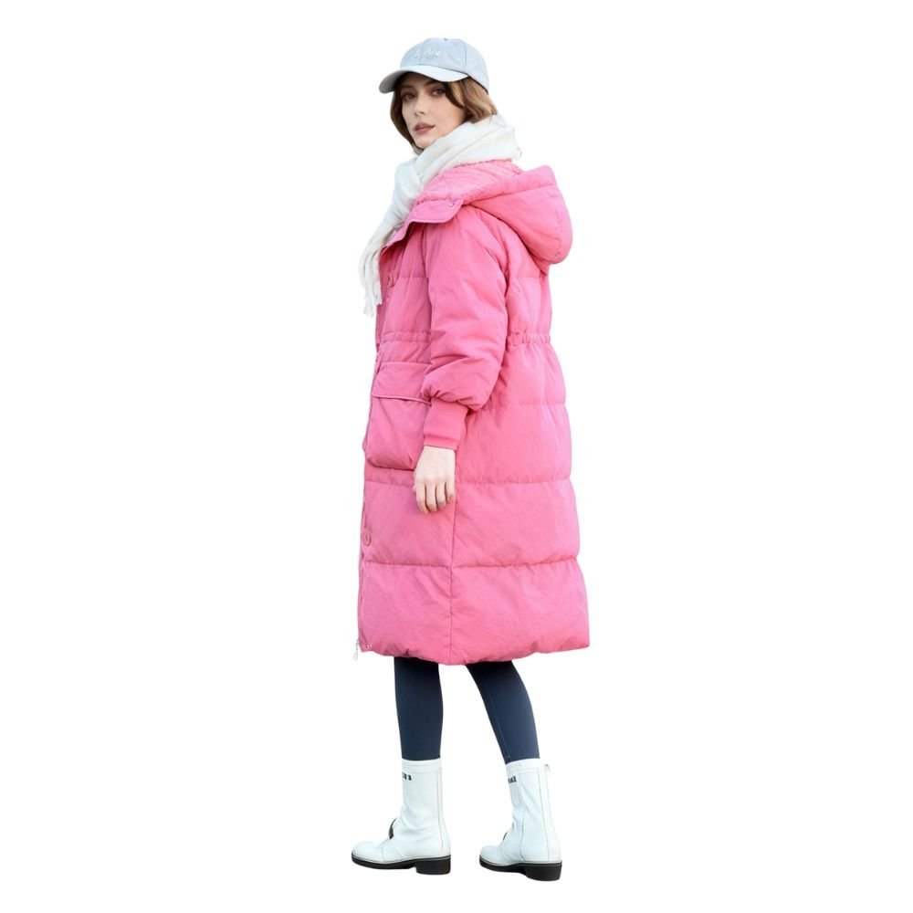 Model wearing the women's long black hooded down puffer coat