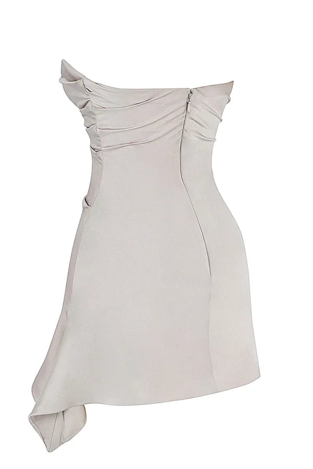 sculpted silhouette," "draped cocktail dress," "asymmetrical hem," "bandeau neckline," and "evening wear
