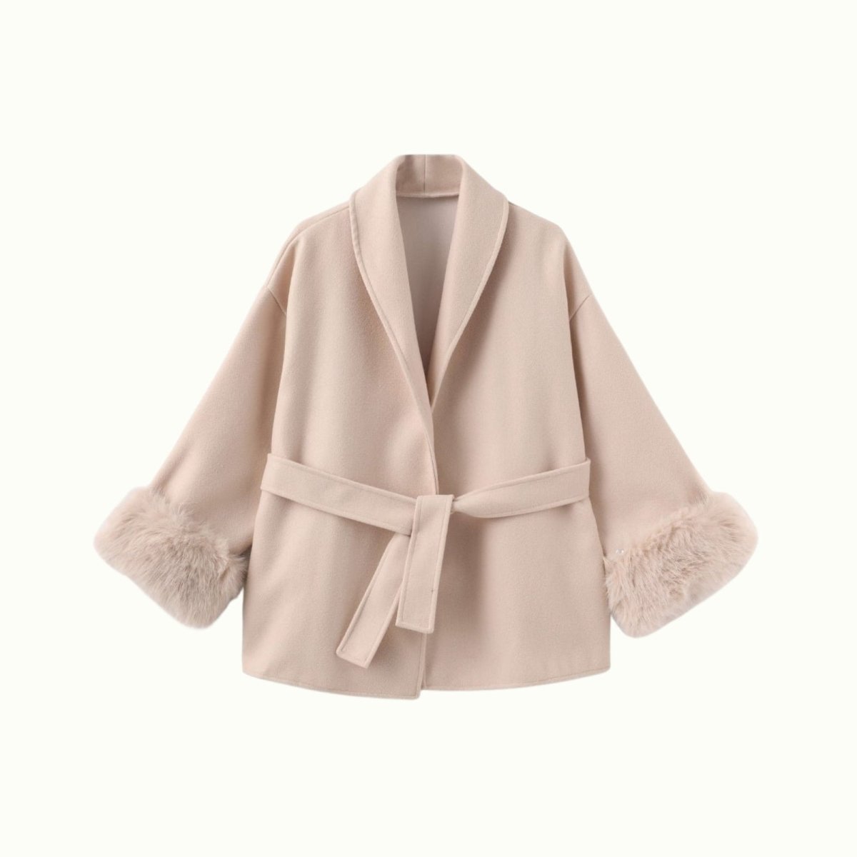 Product-only flat lay image of the Kouvr Fashion Emma belted wool coat with fur cuffs in sand, shown against a white background.
