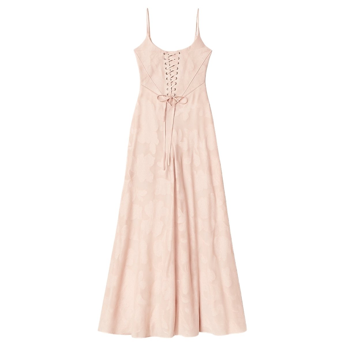 Woman wearing a long, light pink Kouvr dress on a white background
