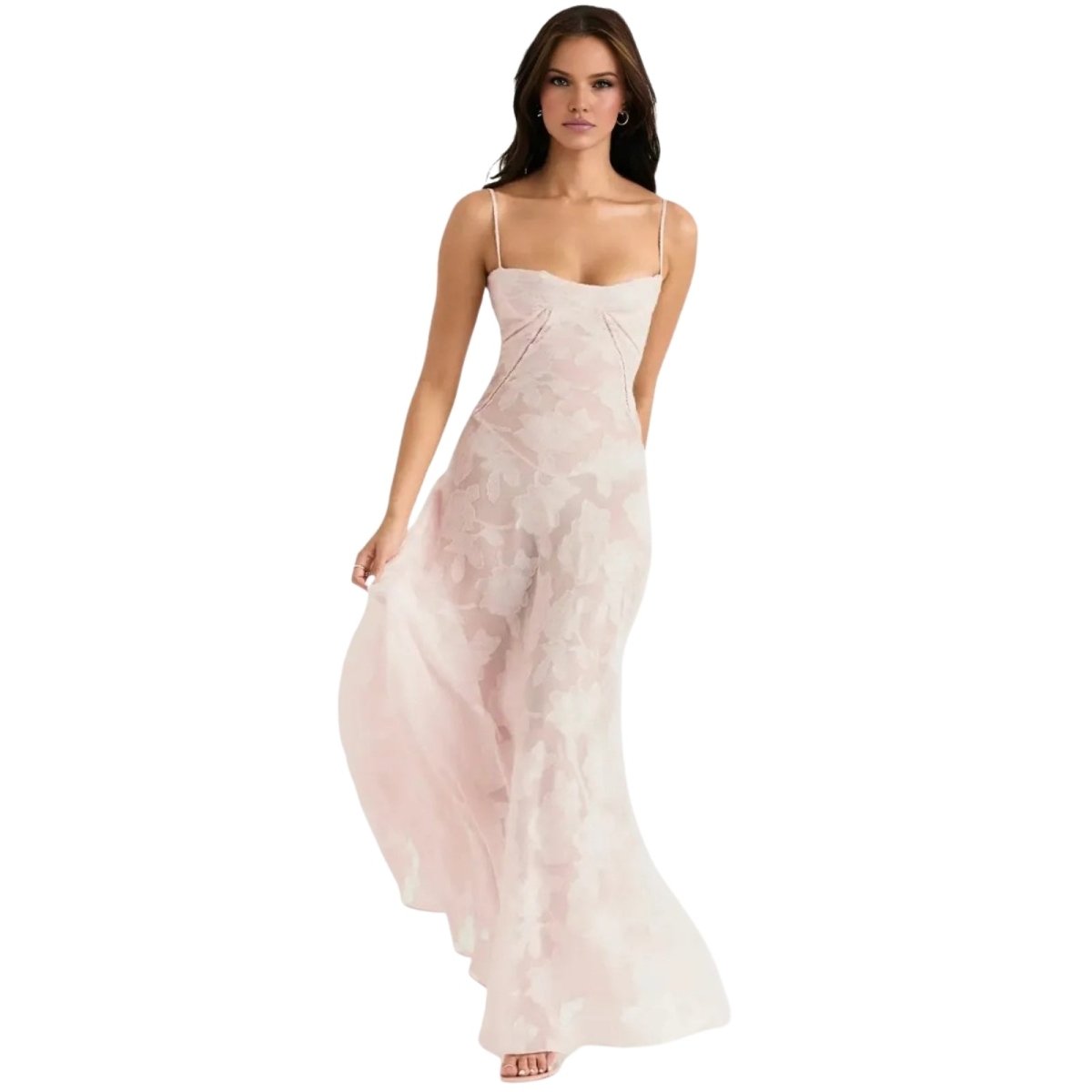 Woman wearing a pink Kouvr evening gown on a white background