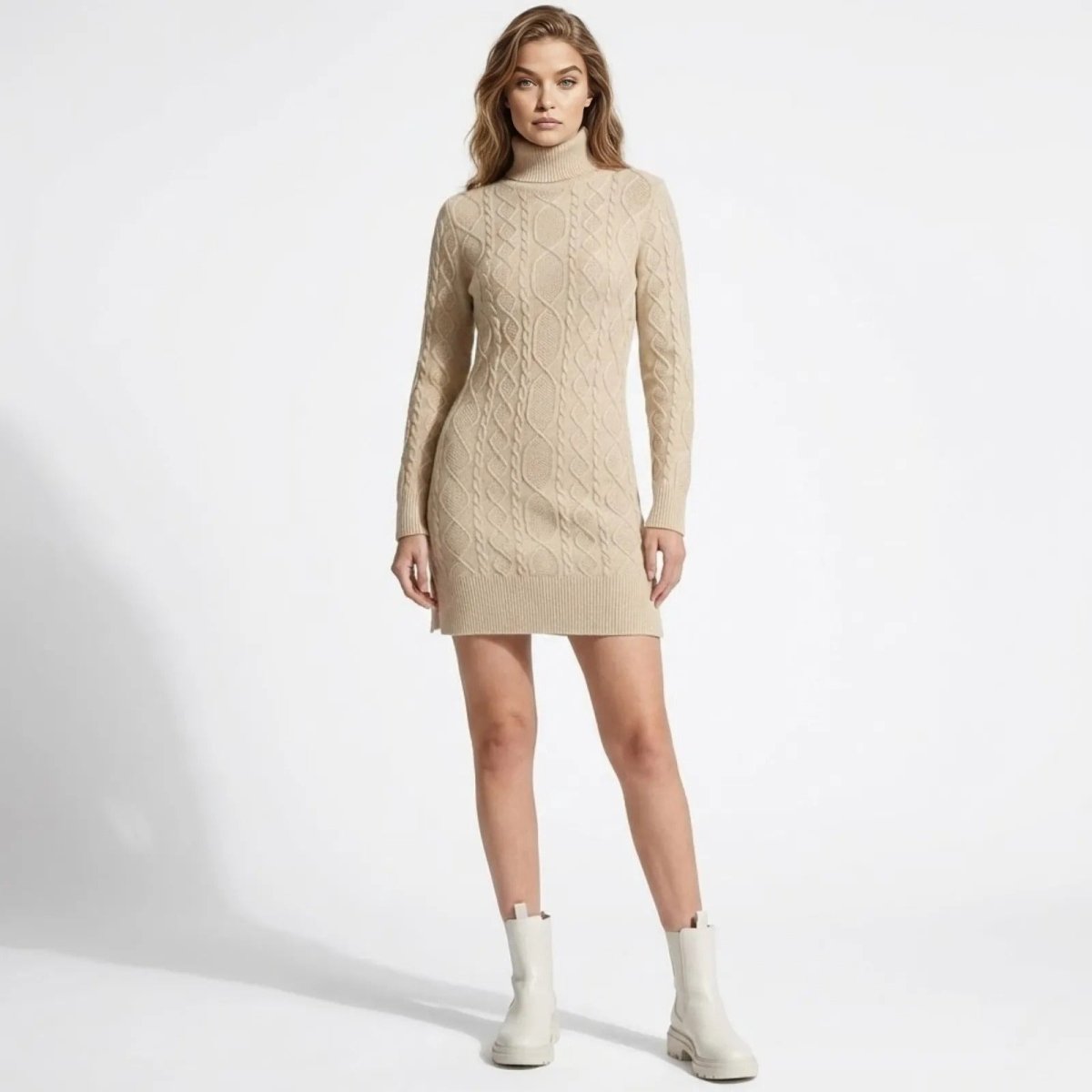 Model wearing the Kouvr Fashion Erza beige cable knit turtleneck sweater dress, facing forward, styled with white ankle boots on a white background.
