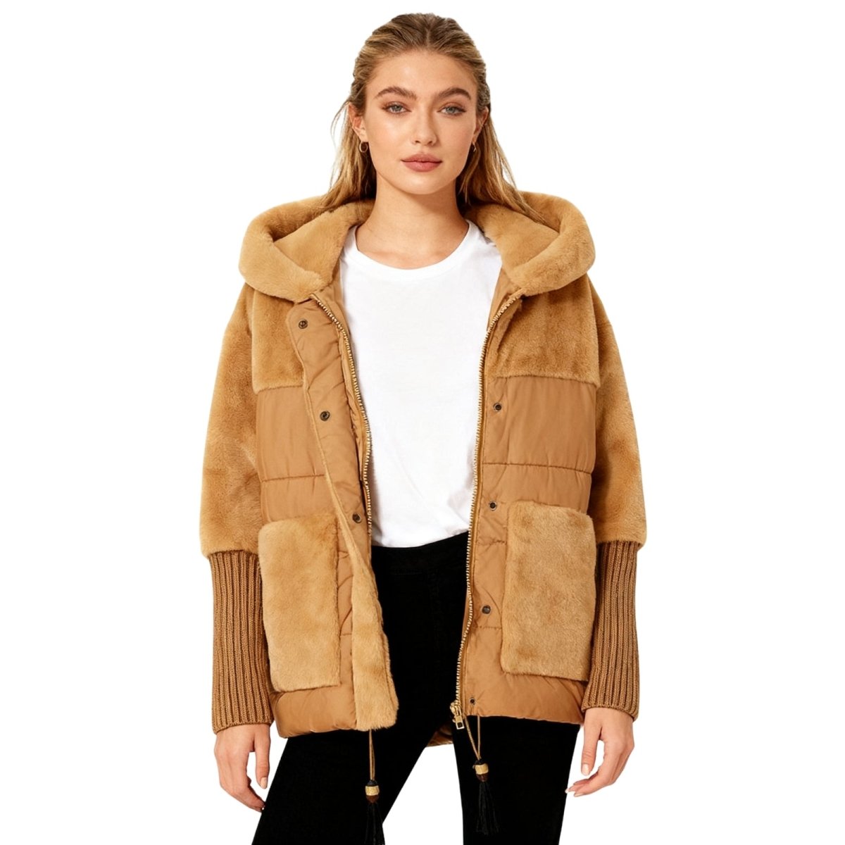 Woman wearing a deep khaki kouvr hooded jacket on a white background