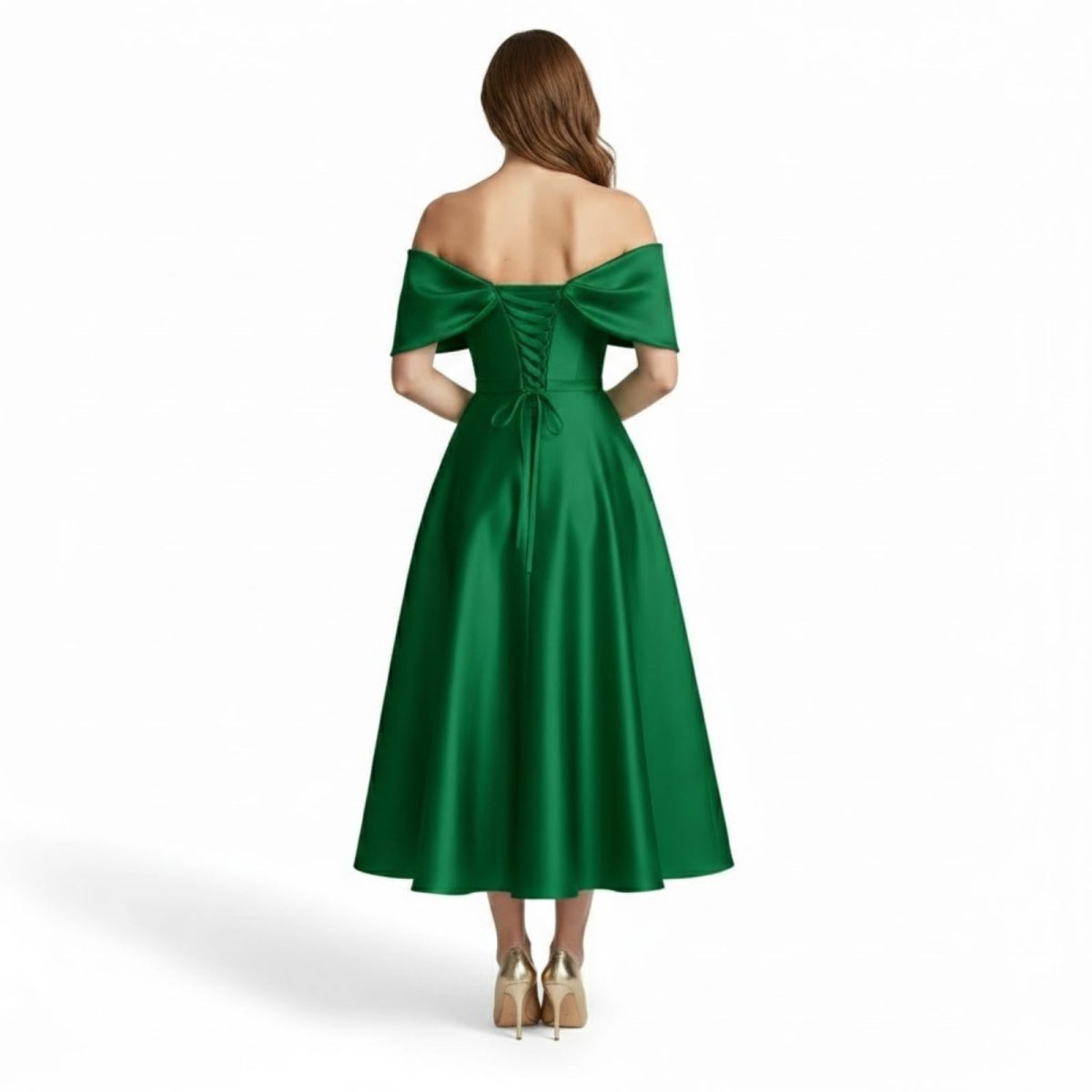 Studio shot of the Kouvr Fashion  green draped bodice formal dress on a white background.
