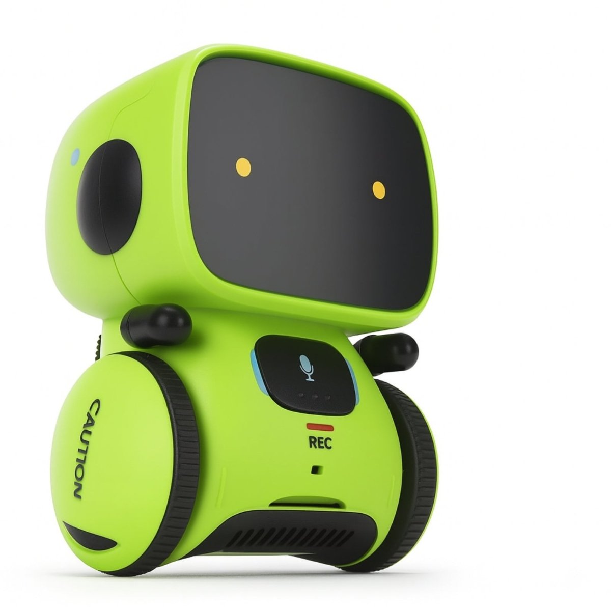 A bright red Kouvr Fashion  interactive dancing robot with green digital eyes, shown on a white background.